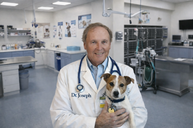 Dr. Joseph holding a Jack Russell terrier in his clinic