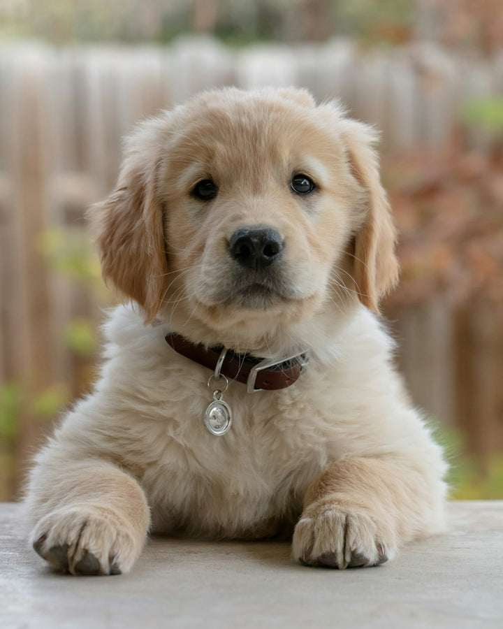 Golden retriever puppy with paws on a step