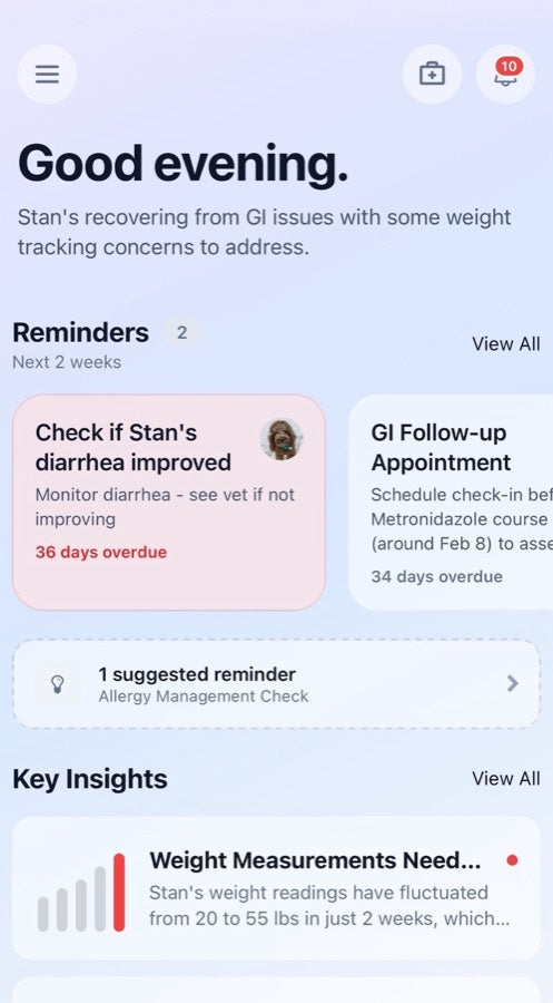 VetPro Health 360 dashboard with reminders and insights